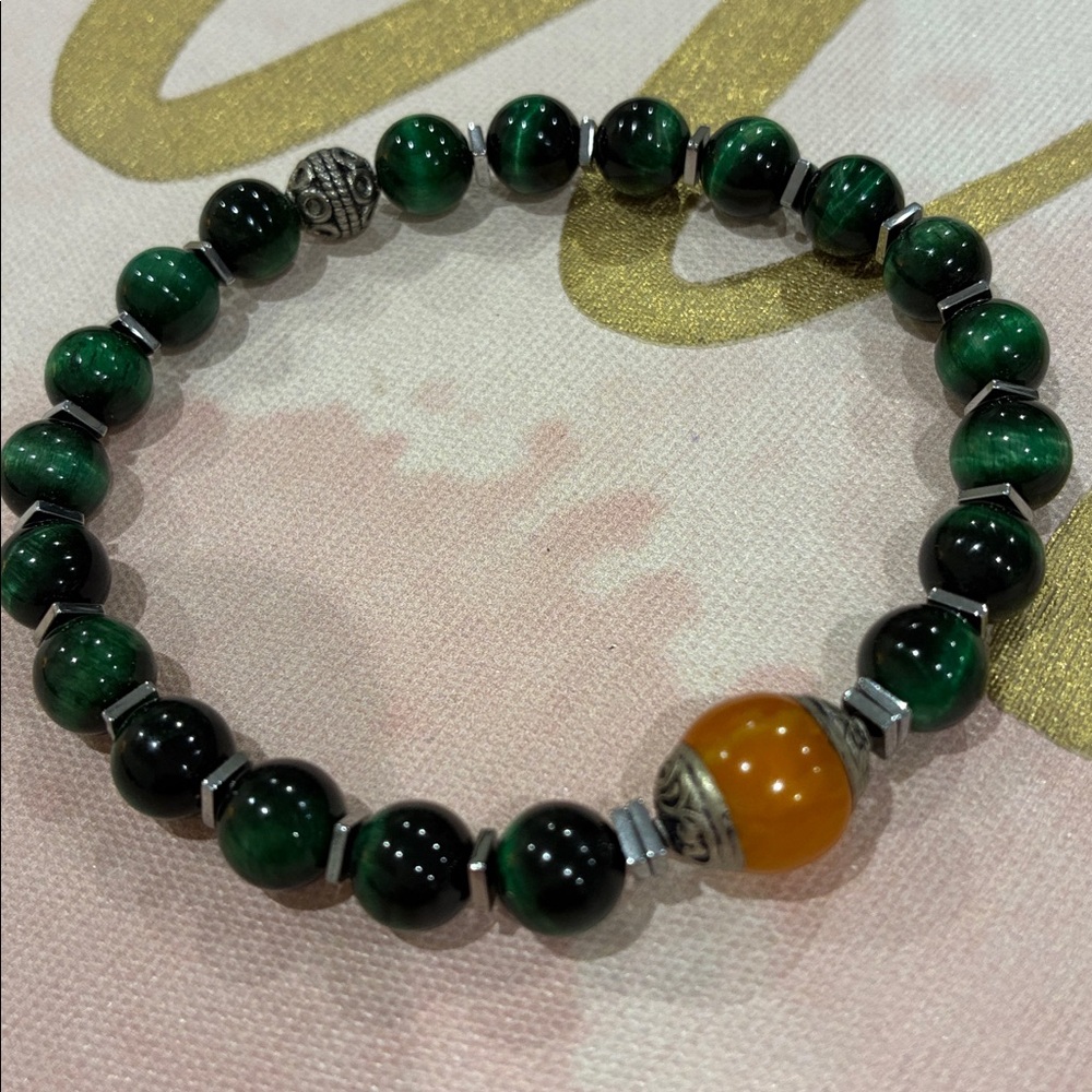 Elegant Green Stone and Orange Beaded Stretch Bracelet